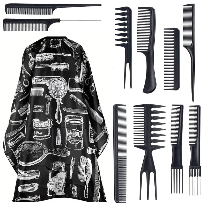 11pcs/15pcs Salon Barber Cloak Set Barber Stylist Cloak with Adjustable Buckle Neck Dust Removal Brush and Comb Barber Shop Tool