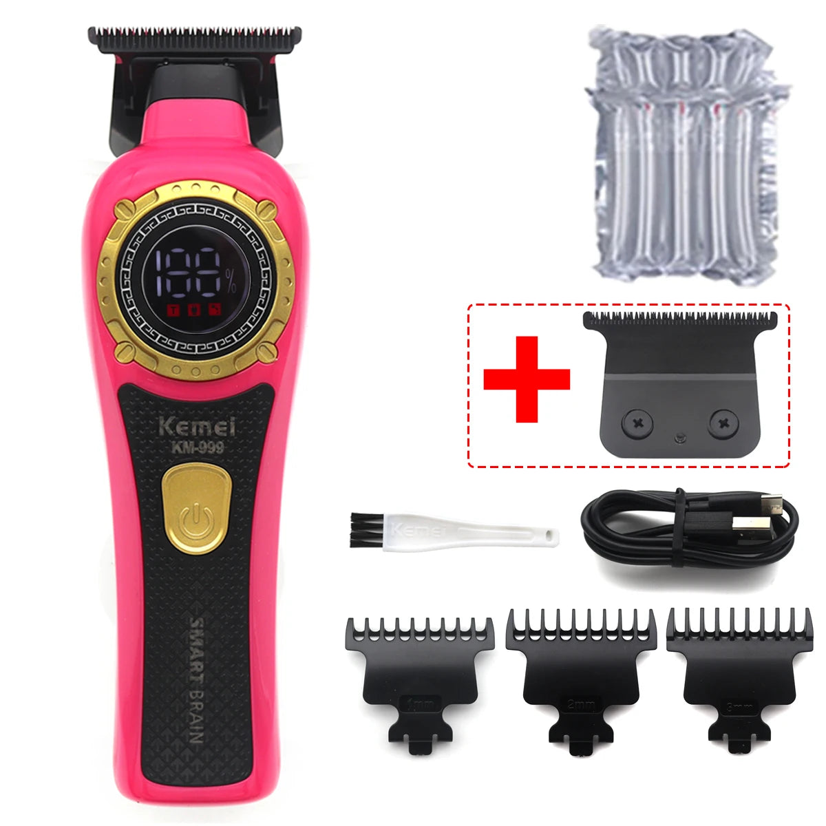 Kemei KM-999 Hair Trimmer for Men DLC T-Blade Zero Gapped LED Display Cordless USB Professional Hair Clipper Finishing Machine