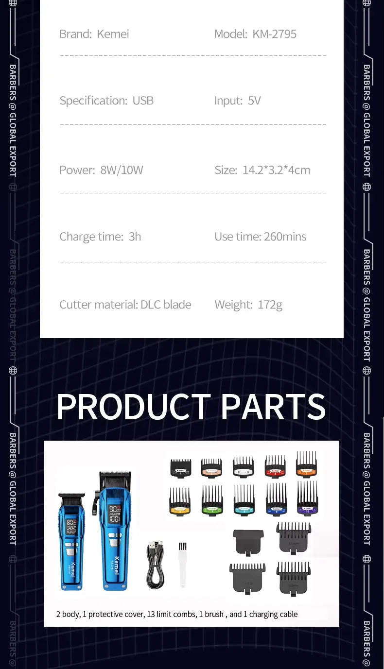 Kemei Professional Electric Hair Clipper Kit Rechargeable Hair Trimmer Shaver For Men USB Charging Beard Razor KM-2797 KM-1102