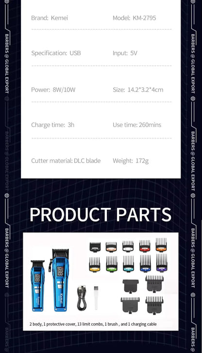 Kemei Professional Electric Hair Clipper Kit Rechargeable Hair Trimmer Shaver For Men USB Charging Beard Razor KM-2797 KM-1102
