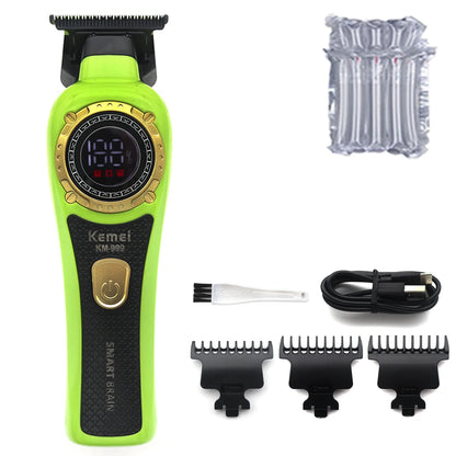 Kemei KM-999 Hair Trimmer for Men DLC T-Blade Zero Gapped LED Display Cordless USB Professional Hair Clipper Finishing Machine